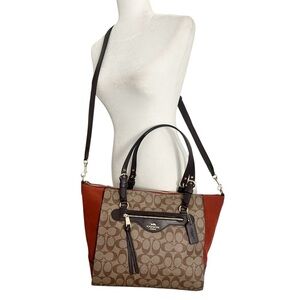 Coach Kleo Orange Suede Signature Canvas Logo Brown Zipper Tote Carryall Bag